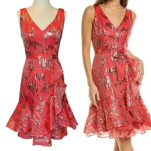 Marchesa Notte V-Neck Coral and Metallic Cocktail Dress